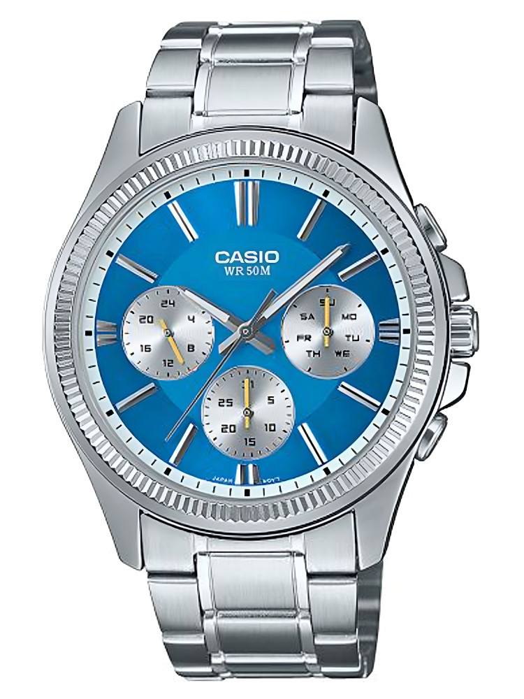 Montre calendrier jour et date 24H Casio bleu clair