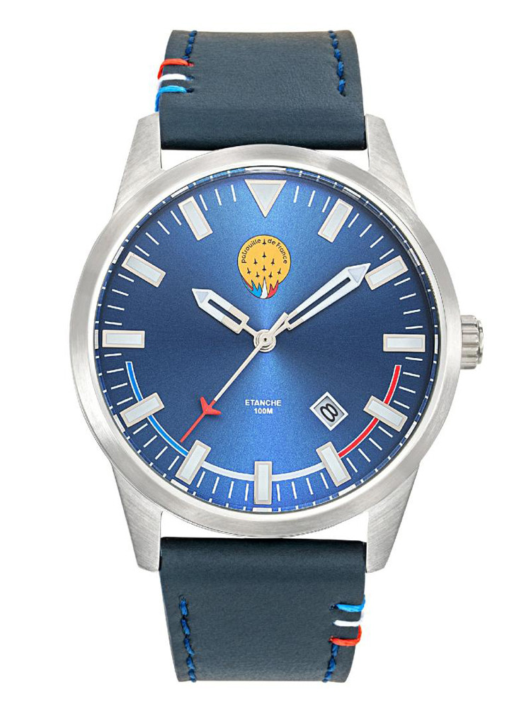 Montre Patrouille de France bleue acier bracelet cuir