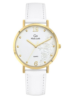 Montre femme Go dorée bracelet cuir blanc cadran fleuri