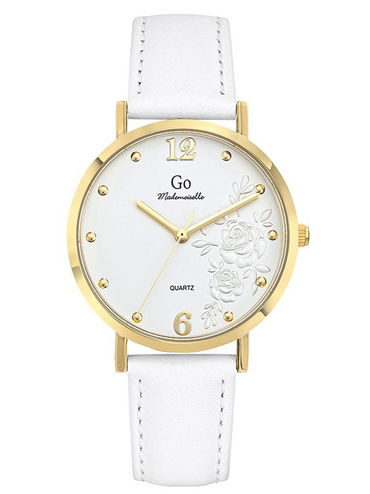 Montre femme Go dorée bracelet cuir blanc cadran fleuri