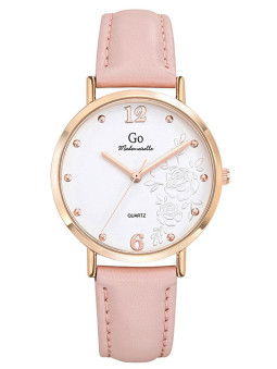 Montre femme Go dorée rose bracelet cuir rose cadran fleuri