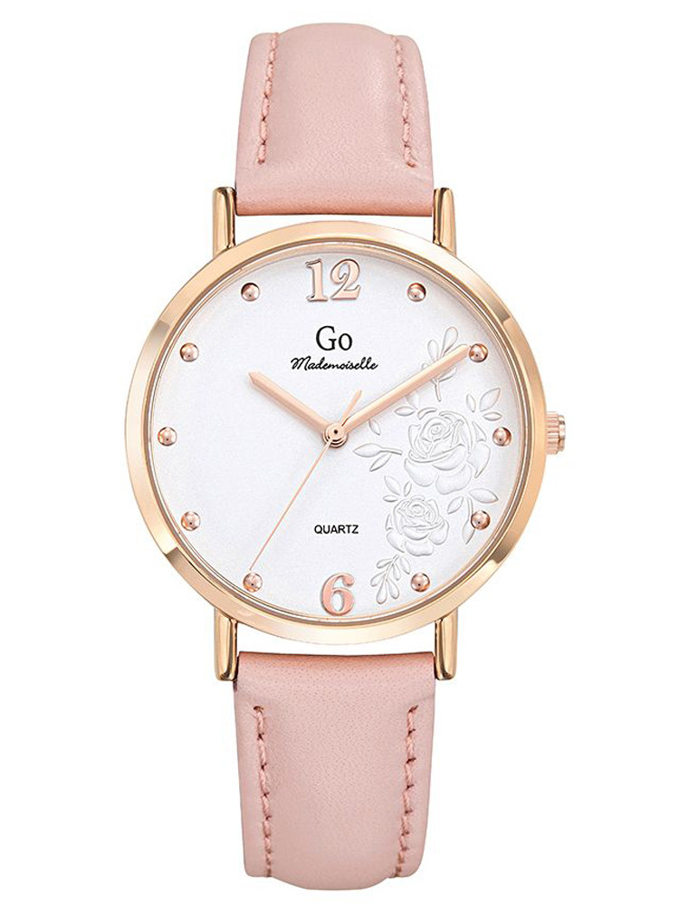 Montre femme Go dorée rose bracelet cuir rose cadran fleuri