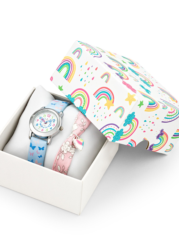 Coffret montre enfant Certus bleue papillons et bracelet